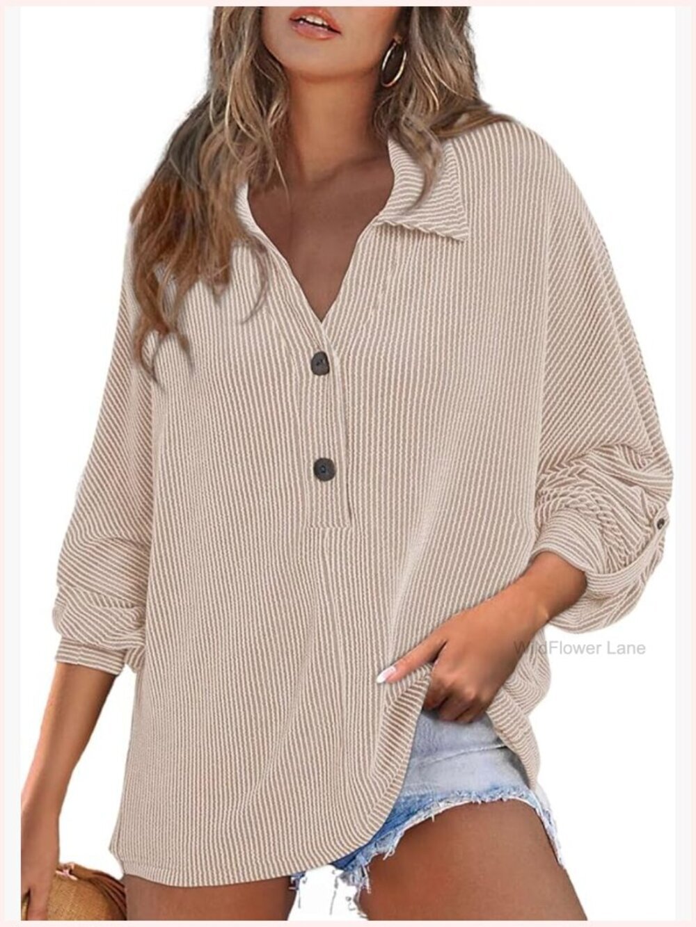 Women's Long Sleeve V Neck Button Down Blouse Cassual Ribbed Top